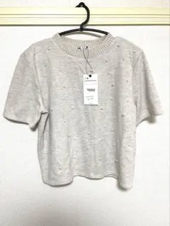 ZARAパール装飾付きライトグレー半袖ニット