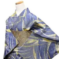 未着用　小紋　紬　抽象模様　流線　ブルー　くすみカラー　着物　115b d ms