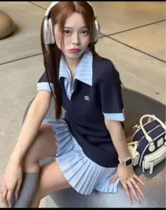 ★新品未使用タグ付き★ドッキングプリーツミニワンピース★ネイビー