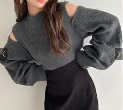 袖2Wayショルダーオープンニットトップス グレー [mb1528]