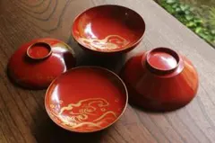 デッドストック！極上金縁朱漆に優美な波千鳥蒔絵のお椀2点（検輪島塗蒔絵椀雑煮椀