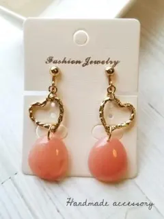 【1点のみ♡】ゴールドハート×マーブルピンク　イヤリング　ピアス　ハンドメイド