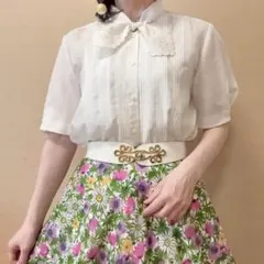 タック入り スカラップ パフスリーブリボンブラウス 昭和レトロ ヴィンテージ 白のサムネイル