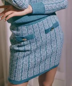 REDYAZEL ラメツイードジャガードニット ミニスカート ブルー グリーン