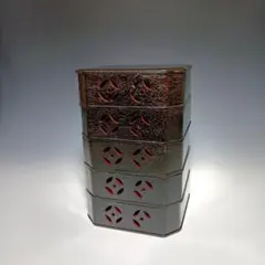 縁高 七宝透かし 重箱 茶道具 木製 漆器 柿合 漆 菓子 紙箱 - メルカリ