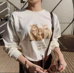 猫プリント 長袖Tシャツ ホワイト