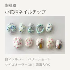 陶器風 小花柄ネイルチップ｜ベリーショート｜白×シルバーラメ｜マットフラワー