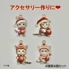 abm33 ボールを持ったクリスマス猫　チャーム　4種類　４個　猫　ねこ　パーツ