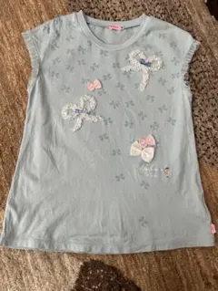ミキハウス 150 リボン柄フレンチスリーブTシャツ 水色 レース装飾