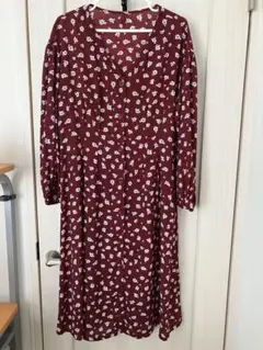 バーガンディ 花柄 長袖 ワンピース