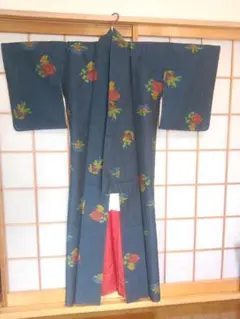レディース　カジュアル着物　藍色椿柄　しまや呉服店
