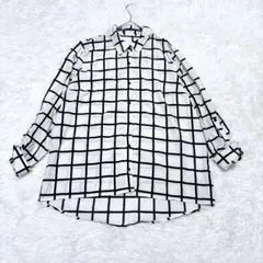 【ノーブランド】チェック柄 長袖シャツ 白黒 薄手 カジュアルシャツ