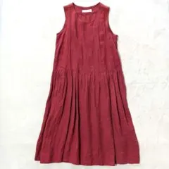 定価3.74万 ビアズリー 花刺繍ロングワンピース レッド 麻100