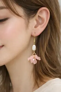 ハンドメイド ピンク花モチーフピアス