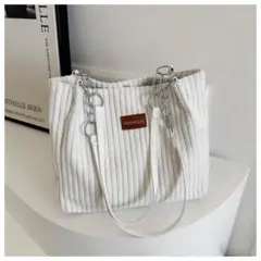 1131 コーデュロイショルダーバッグ ホワイト 白 通勤　通学　ファスナー付