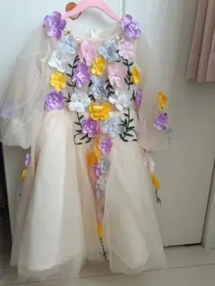 花柄チュールドレス 130cmキッズ フォーマル 発表会 結婚式クリーム色