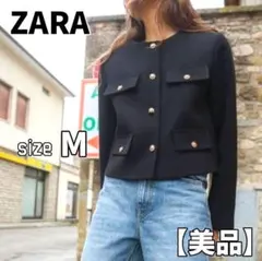 完売品 ZARA ノーカラー フラップクロップド ジャケット 金ボタン ネイビー