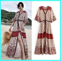 新品 ワンピース 花柄 ロングワンピース マキシ丈 リゾート エスニック柄 赤