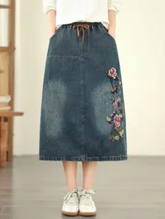 刺繍 ゴムウエスト ゆったり デニム ミドル丈スカート おしゃれ度高め 着痩せ