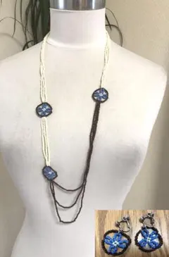 ハンドメイド風エスニックビーズ3連ネックレスイヤリングセット