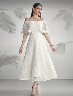 ホワイト レース オフショルダー ミディドレス