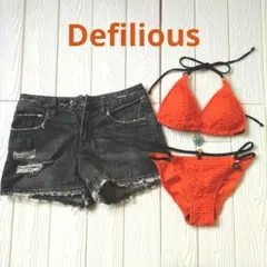 Defiliousオレンジフリルビキニとデニムショーツセット