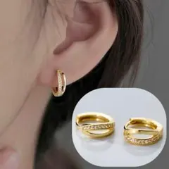 ダブル リング フープピアス ゴールド CZ ダイヤ S925 刻印