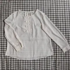 【NATURAL BEAUTY BASIC】フリルブラウス M 白 とろみ素材