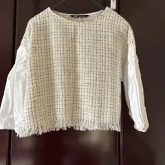ZARA フリンジ付きツイード7分袖トップス