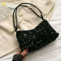 スパンコール黒ハンドバッグ　カジュアル　エレガント　個性的　コンパクト　軽量