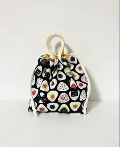 おにぎり柄の持ち手つきお弁当袋　ブラック　ハンドメイド