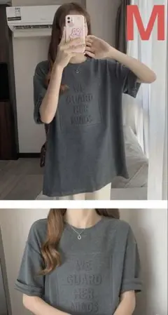 エンボス加工　3DロゴTシャツ　半袖　薄手　グレー　M 韓国ファッション