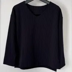 ViS ネイビー ストライプ 五分袖 Tシャツ