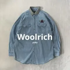 80s USA製ウールリッチ デニムシャツ L 襟切替 エルボーパッチ 刺繍ロゴ