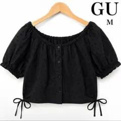 GU ジーユー コットンレースクロップドブラウス 黒 M 半袖 綿かわいい　夏