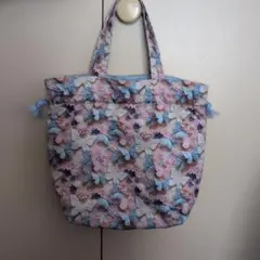 ハンドメイド　蝶と花のプリント 巾着トートバッグ