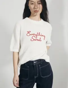 H&M/刺繍モチーフ半袖ニットセーター 白 M