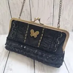 ANNA SUI がま口チェーンバッグ フリル黒系