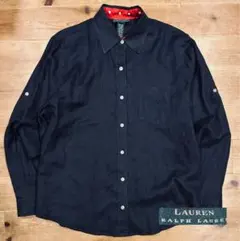 シャツ 古着 90s LAUREN ローレン 水玉 L 無地 リネン 極美品 紺