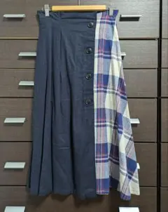 AS KNOW AS ネイビー チェック柄 ボタン付きフレアスカート
