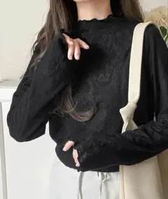 透け感で魅せる、秋の上品レイヤード。プチハイネック花柄レースメロウトップス長袖