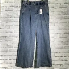 タグ付き 新品 デニムパンツ ワイド ストレート ハイウエスト ブルー