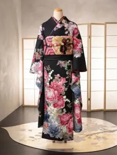 豪華 黒地 金彩 鶴 松 梅 御所車 振袖 正絹 成人式 結婚式 裄67.5cm 豪華 黒地 金彩 鶴 松 梅 御所車 振袖 正絹 成人式 結婚式 裄67.5cm