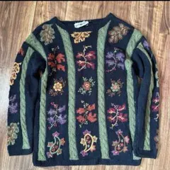 90s ホワイトスタッグ 花柄 刺繍 コットン ニット セーター ビンテージ