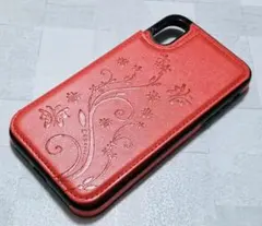 iPhoneXR 用 カバー カード入れ 手帳型 蝶 草花 レッド 赤色