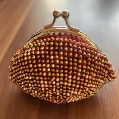ハンドメイドビーズがま口　小物入れコインケース　ワインレッド系　ゴールド系ビーズ