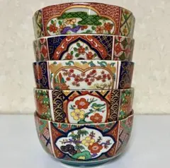 【美品】 有田焼 雅 染錦窓絵花鳥図 絵変わり中鉢 5個セットのサムネイル