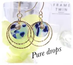 クリアブルーコインとラインストーンのツインフープピアス ゴールド ハンドメイド