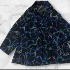 デザインブラウス L ブルー系 ドレープ エレガント