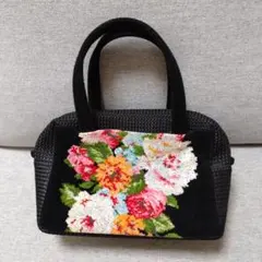 【美品】FEILER フェイラー ハンドバッグ 花柄 シュニール織 編み込み 黒